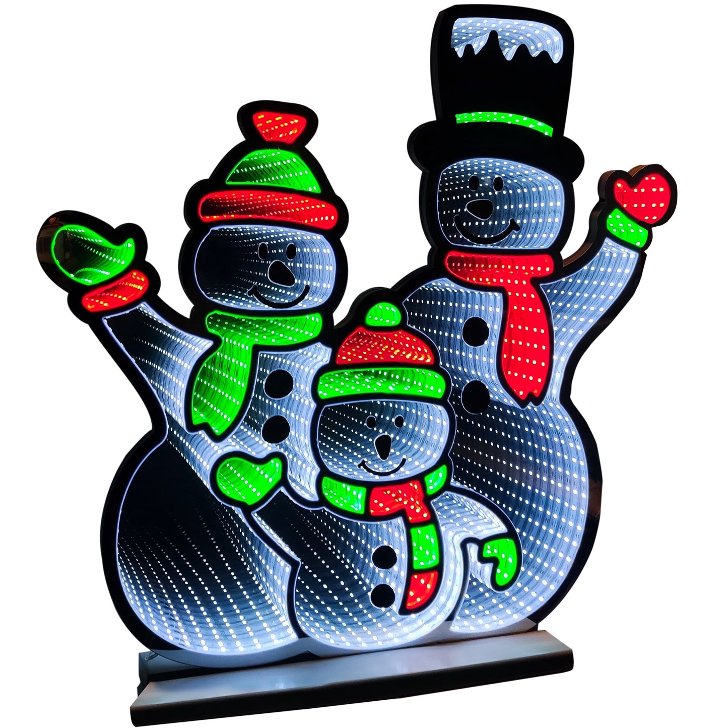 Infinity Light Standing Snowmen With Wooden Base (26")
