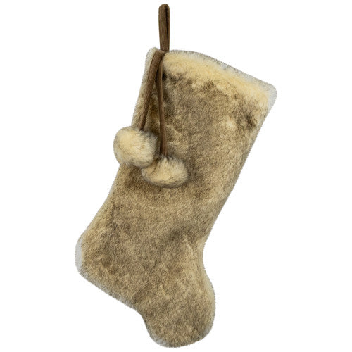 Faux Fur Christmas Stocking with Pom Poms - 20.5" - Beige and Brown