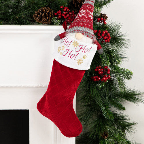 19" Quilted Red Velvet HO! HO! HO! Embroidered Christmas Stocking