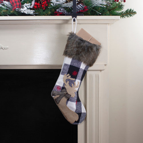 18-Inch Black and White Buffalo Plaid Burlap Reindeer Christmas Stocking