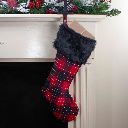 21.5" Red and Black Plaid with Dots and Faux Fur Cuff Christmas Stocking