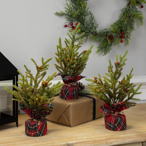 Mini Glittered Pine with Berries Artificial Christmas Trees - 9" - Set of 3