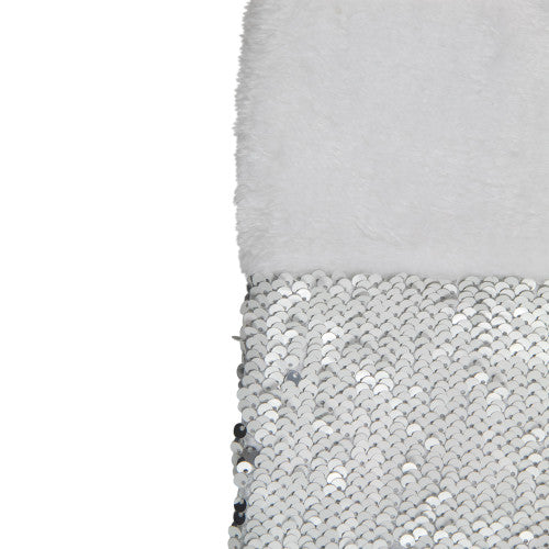 19" White and Silver Sequin Christmas Stocking With White Faux Fur Cuff