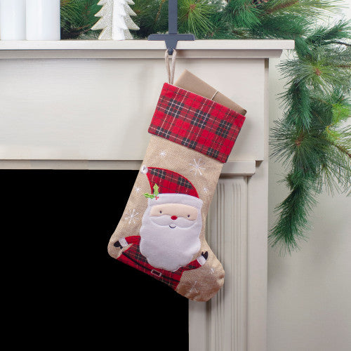 19" Burlap Plaid Whimsical Santa Waiving Christmas Stocking