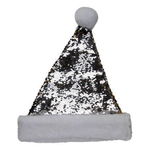 15" Gold and Silver Reversible Sequined Christmas Santa Hat with Faux Fur Cuff