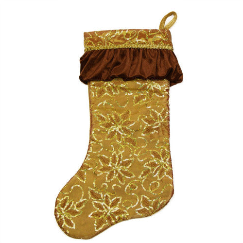 19" Gold Sequined Floral Venetian Style Ruffle Cuff Christmas Stocking