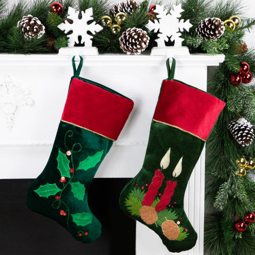20" Dark Green and Burgundy Candle and Pine Cone Velveteen Christmas Stocking