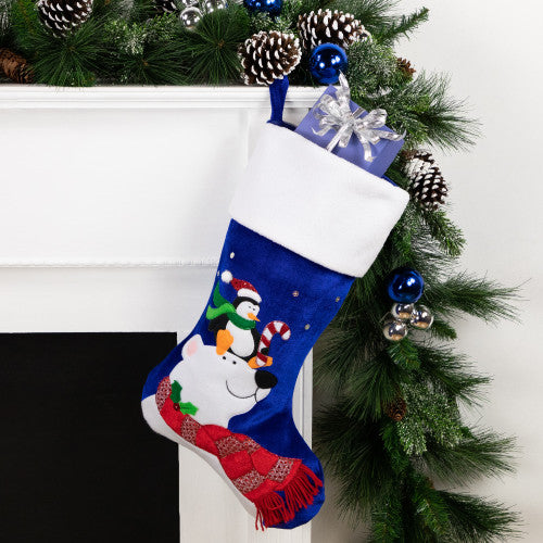 24" Large Penguin and Bear Blue Velveteen Christmas Stocking with White Cuff