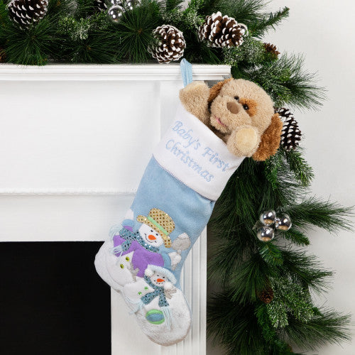 21" Blue and White "Baby's First Christmas" Snowman Stocking