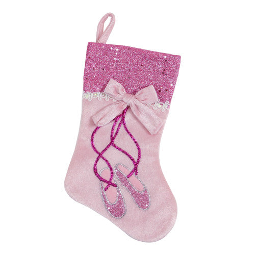 14" Pink and Silver Ballerina Shoes Christmas Stocking with Glitter Cuff and Bow