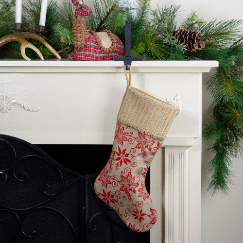 20" Tan and Red Rustic Burlap Poinsettia Christmas Stocking