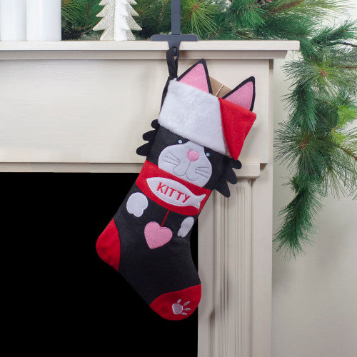 19.5" Black and Red Embroidered Kitty Cat Christmas Stocking