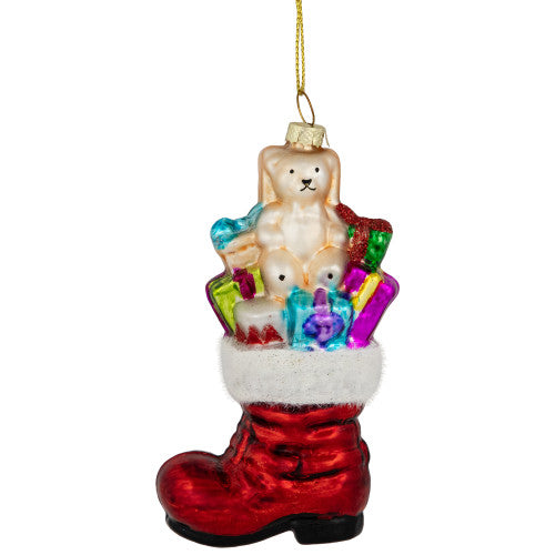 4.5" Shiny Red Present Filled Stocking Hanging Glass Christmas Ornament