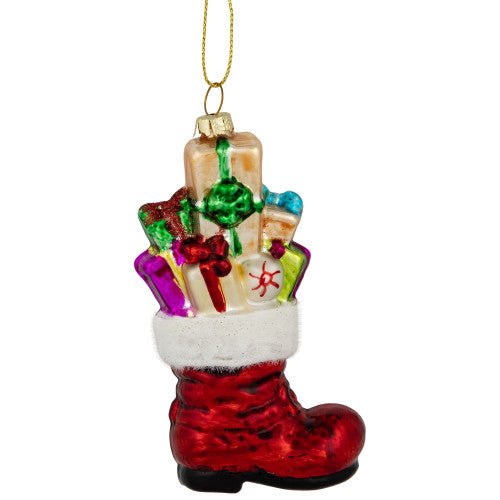 4.5" Shiny Red Present Filled Stocking Hanging Glass Christmas Ornament