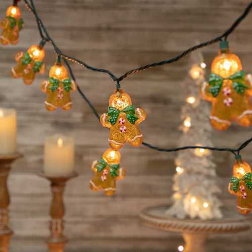 10ct Gingerbread Man Christmas Lights, Clear Lights, Green Wire