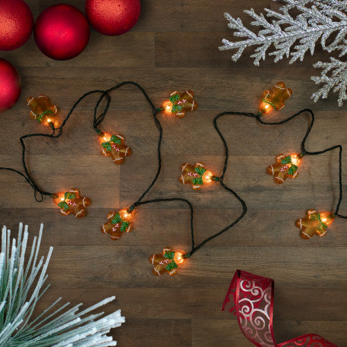 10ct Gingerbread Man Christmas Lights, Clear Lights, Green Wire