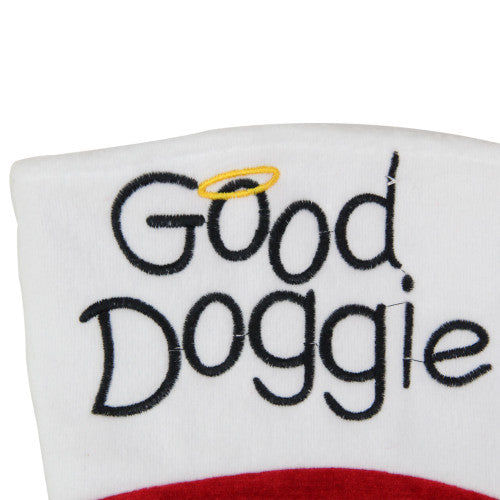 19" Red and White Embroidered Halo "Good Doggie" Christmas Stocking with Cuff