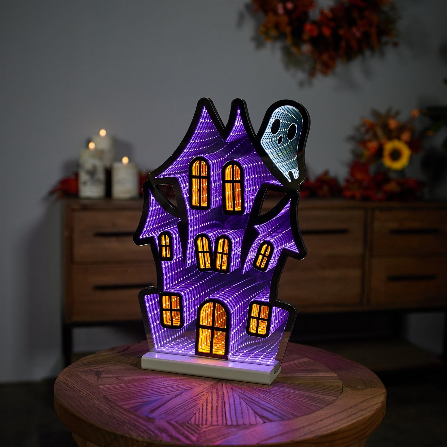 Haunted House w/Ghost Infinity Light, Acrylic w/UL Plug, 16"