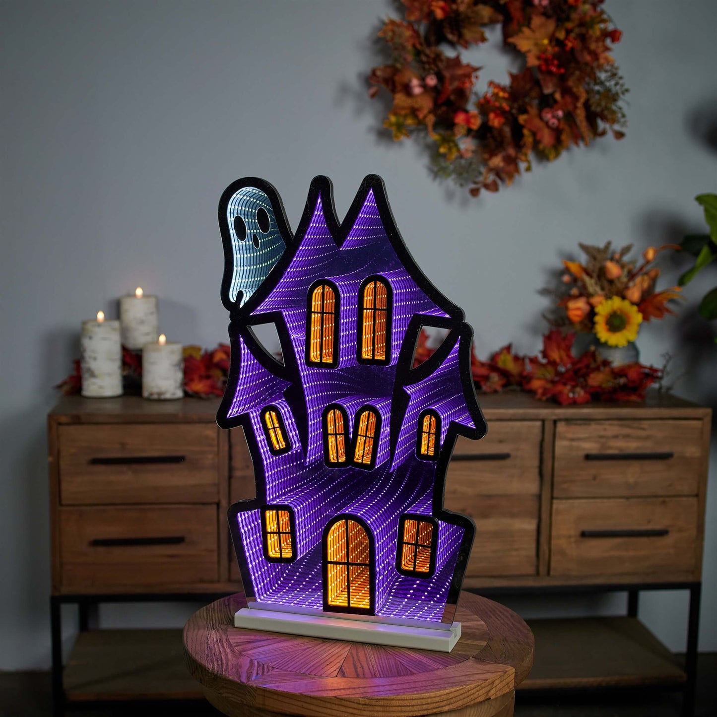 Haunted House w/Ghost Infinity Light, Acrylic w/UL Plug, 23.5"