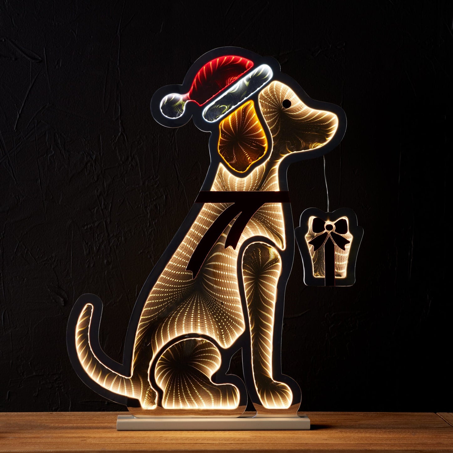 Dog w/Santa Hat & Present Infinity Light 23"L x 31.25"H Acrylic w/UL Plug