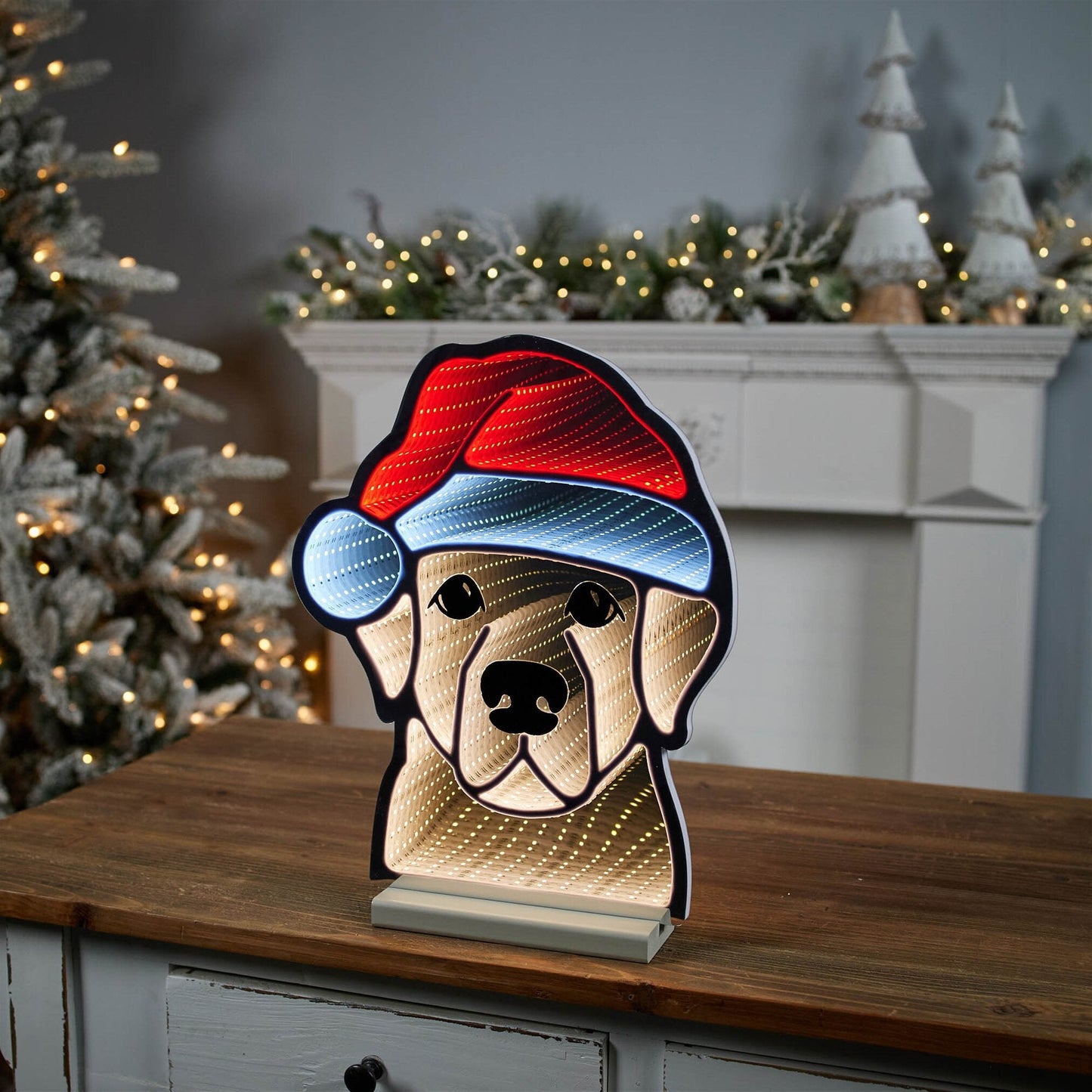 Dog w/Santa Hat Infinity Light, Acrylic w/UL Plug, 16.5"