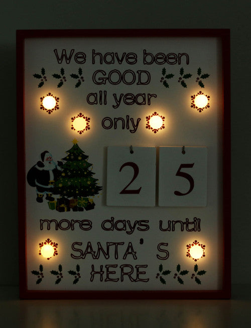 BRUBAKER Christmas Countdown Calendar - Wooden Board with Calendar Sheets - White with 6 LED Lights - 11 x 1.57 x 14 inches