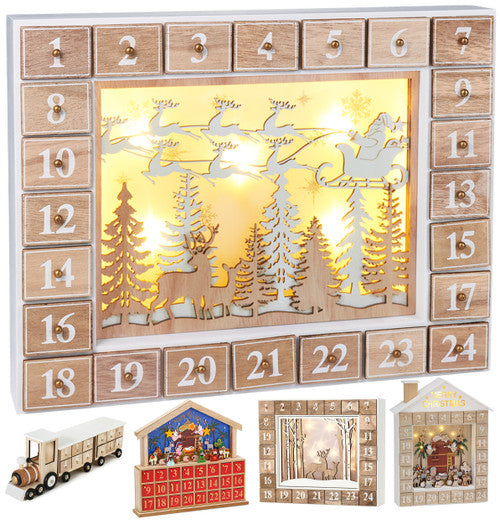 BRUBAKER Reusable Wooden Advent Calendar to Fill - Flying Santa Claus with LED Lighting - DIY Christmas Calendar 13.98 x 2.36 x 10.63 inches
