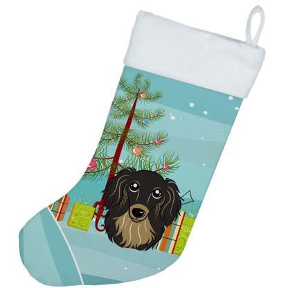 Christmas Tree and Longhair Black and Tan Dachshund Christmas Stocking BB1585CS