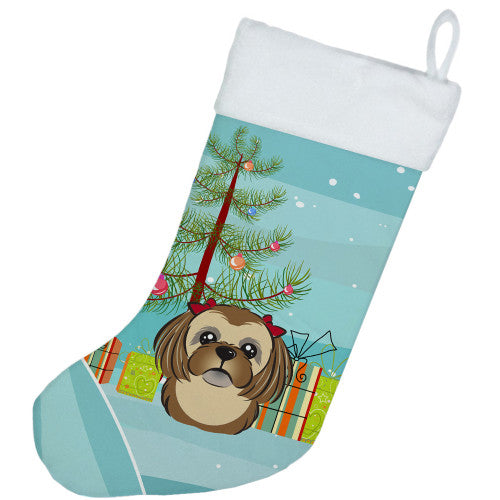 Christmas Tree and Chocolate Brown Shih Tzu Christmas Stocking BB1621CS