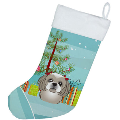 Christmas Tree and Gray Silver Shih Tzu Christmas Stocking BB1622CS