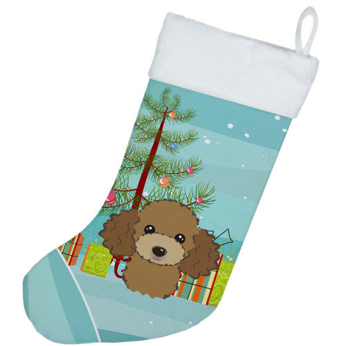 Christmas Tree and Chocolate Brown Poodle Christmas Stocking BB1628CS