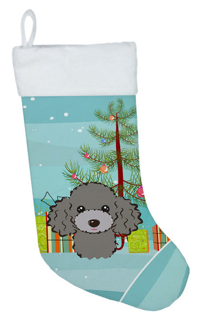 Christmas Tree and Silver Gray Poodle Christmas Stocking BB1631CS