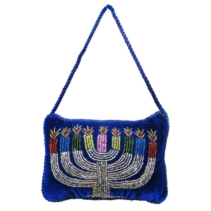 Beaded Menorah on Blue Ash Velvet Doorknocker, 4x6