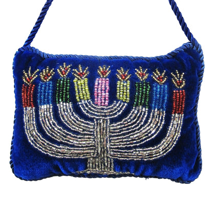 Beaded Menorah on Blue Ash Velvet Doorknocker, 4x6