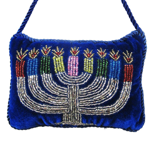 Beaded Menorah on Blue Ash Velvet Doorknocker, 4x6