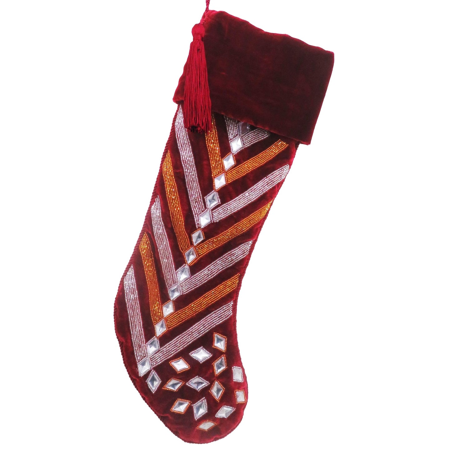 Red Stocking W/ Beaded Star Pattern & Crystals