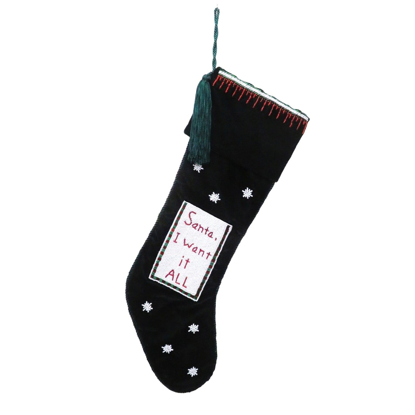Stocking Green Ash Velvet W/ "Santa I Want It All" Long Pocket