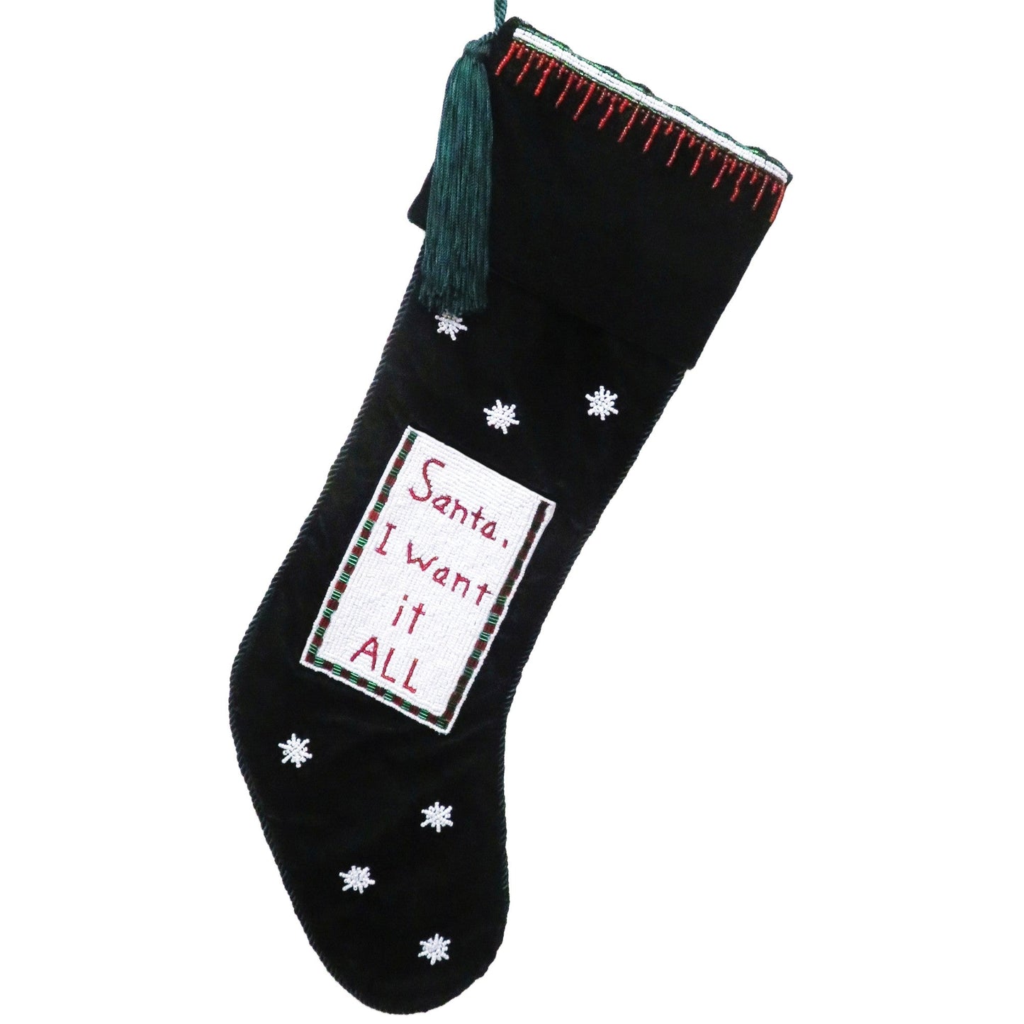 Stocking Green Ash Velvet W/ "Santa I Want It All" Long Pocket