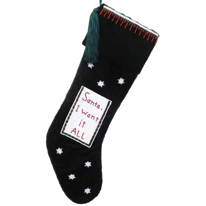 Stocking Green Ash Velvet W/ "Santa I Want It All" Long Pocket