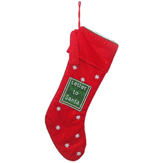 Red Ash Velvet "Letter To Santa" Stocking w/Beaded Pocket