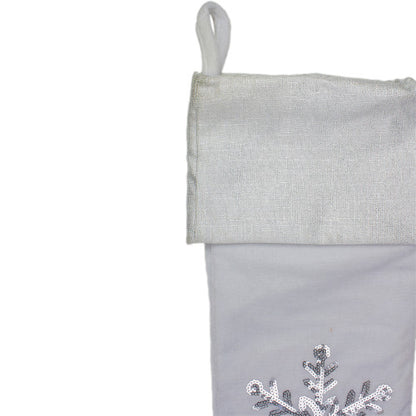 20" White Christmas Stocking with Silver Sequin Snowflake