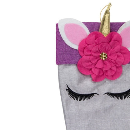 20" White Unicorn Face Christmas Stocking with Purple Bow and Cuff