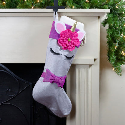20" White Unicorn Face Christmas Stocking with Purple Bow and Cuff