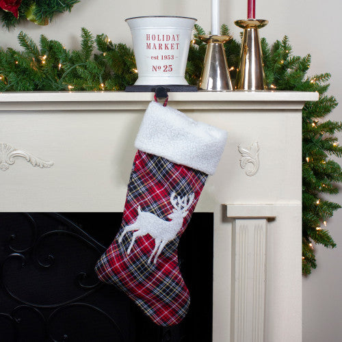 20" Black and Red Tartan Reindeer Christmas Stocking with Cuff