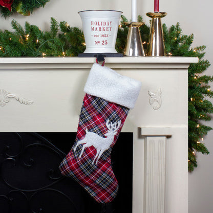 20" Black and Red Tartan Reindeer Christmas Stocking with Cuff