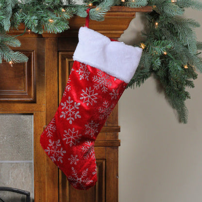20-Inch Red and Silver Glitter Snowflakes Christmas Stocking With a Faux Fur Accent