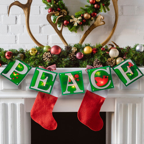 10-Count Green and Red Shimmering "PEACE" Lighted Mini Christmas Garland, 4.5ft White Wire