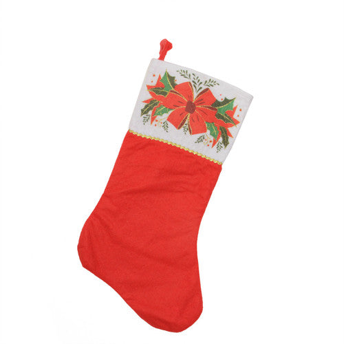 19" Traditional Red and White Mistletoe Bow Cuff Christmas Stocking