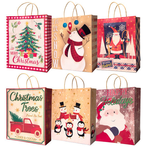 Pack of 12 Assorted Large Christmas Gift Bags with Handle