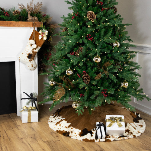 Plush Cowhide Inspired Christmas Stocking with Pom Poms - 20.5" - Brown